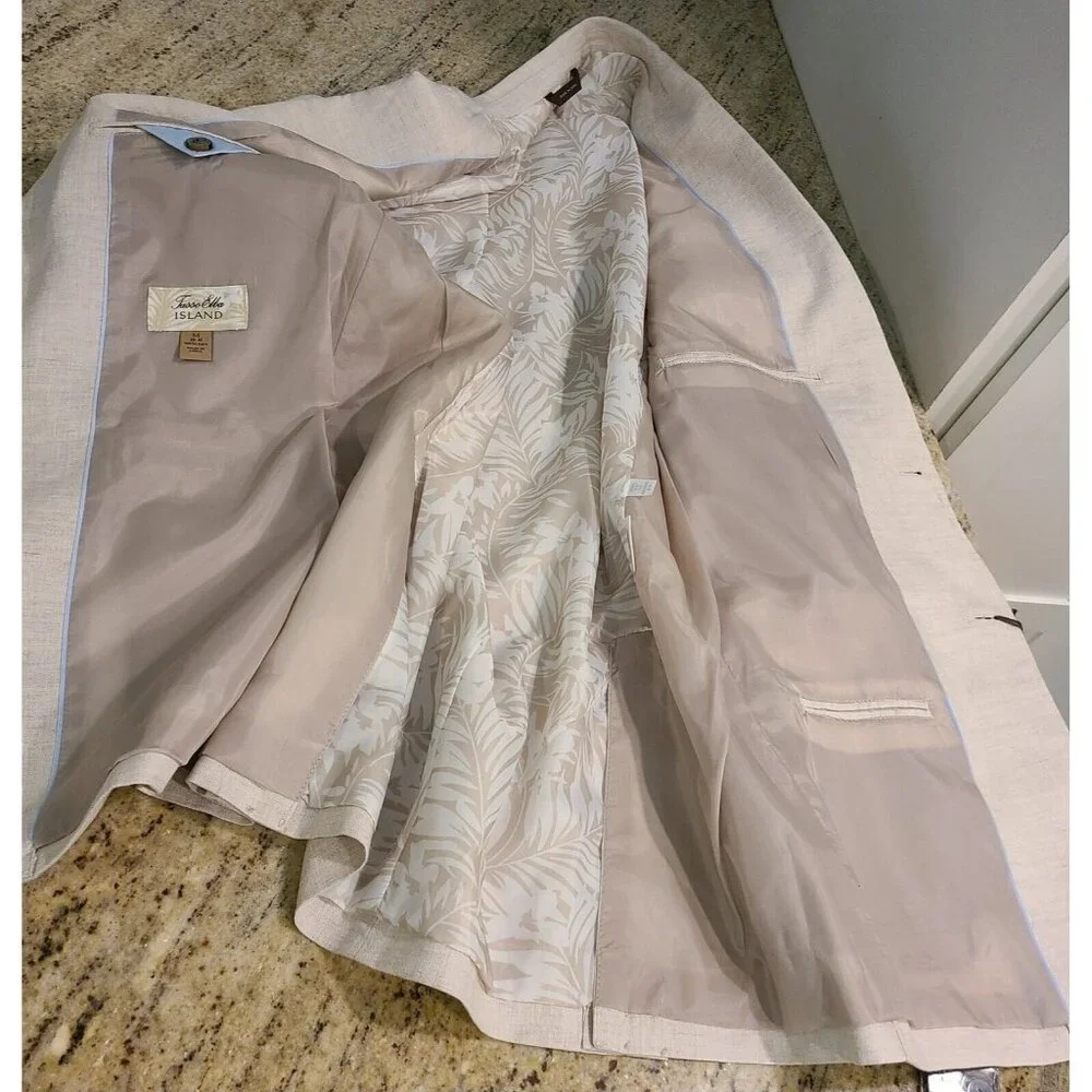 New! Tasso Elba Island Men M 39-41 Linen Two Button Blazer Jacket Beige Lined